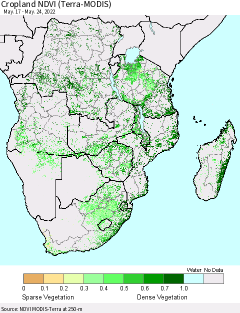 Southern Africa Cropland NDVI (Terra-MODIS) Thematic Map For 5/17/2022 - 5/24/2022