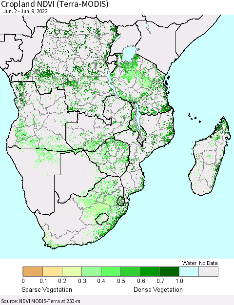 Southern Africa Cropland NDVI (Terra-MODIS) Thematic Map For 6/2/2022 - 6/9/2022