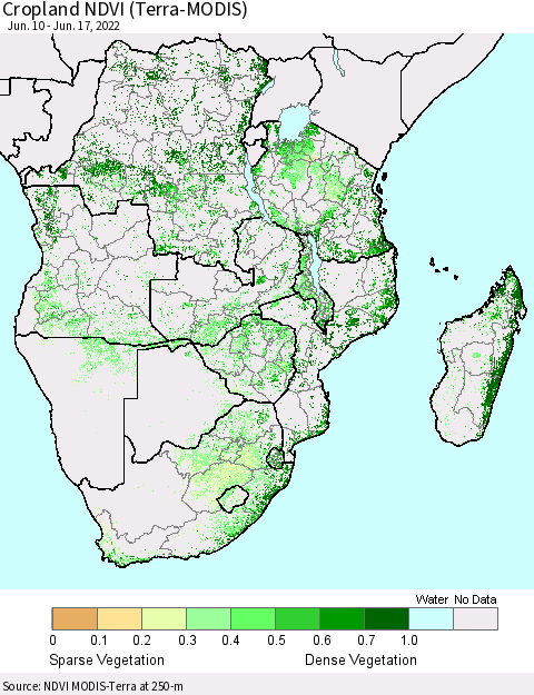 Southern Africa Cropland NDVI (Terra-MODIS) Thematic Map For 6/10/2022 - 6/17/2022