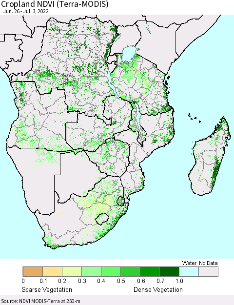 Southern Africa Cropland NDVI (Terra-MODIS) Thematic Map For 6/26/2022 - 7/3/2022
