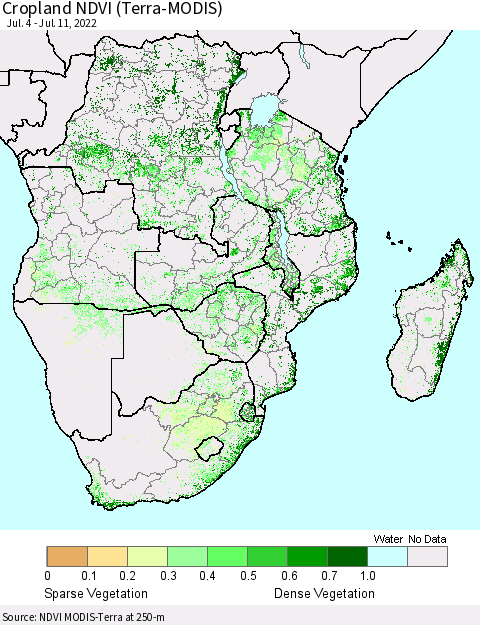 Southern Africa Cropland NDVI (Terra-MODIS) Thematic Map For 7/4/2022 - 7/11/2022