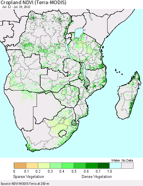 Southern Africa Cropland NDVI (Terra-MODIS) Thematic Map For 7/12/2022 - 7/19/2022