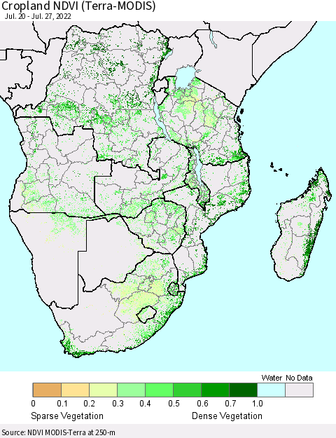 Southern Africa Cropland NDVI (Terra-MODIS) Thematic Map For 7/20/2022 - 7/27/2022