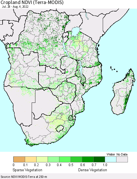 Southern Africa Cropland NDVI (Terra-MODIS) Thematic Map For 7/28/2022 - 8/4/2022