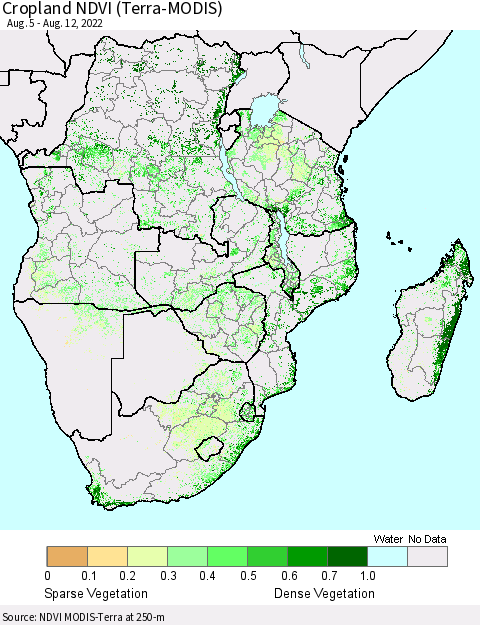 Southern Africa Cropland NDVI (Terra-MODIS) Thematic Map For 8/5/2022 - 8/12/2022