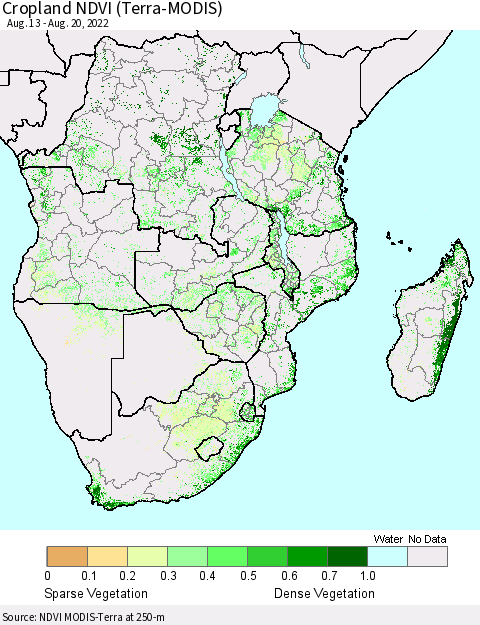 Southern Africa Cropland NDVI (Terra-MODIS) Thematic Map For 8/13/2022 - 8/20/2022