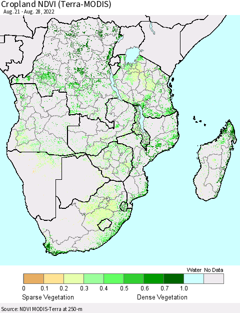 Southern Africa Cropland NDVI (Terra-MODIS) Thematic Map For 8/21/2022 - 8/28/2022