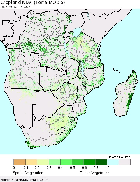 Southern Africa Cropland NDVI (Terra-MODIS) Thematic Map For 8/29/2022 - 9/5/2022