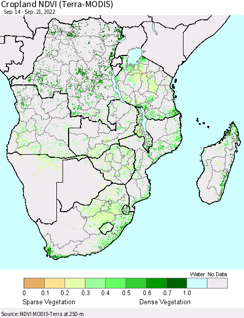 Southern Africa Cropland NDVI (Terra-MODIS) Thematic Map For 9/14/2022 - 9/21/2022