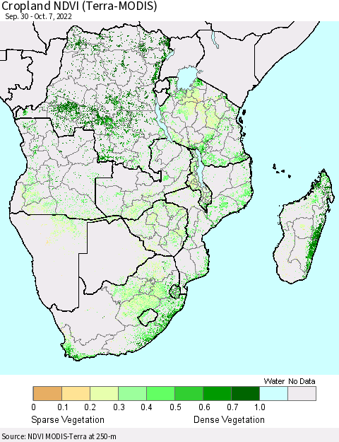 Southern Africa Cropland NDVI (Terra-MODIS) Thematic Map For 9/30/2022 - 10/7/2022