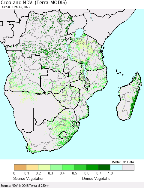 Southern Africa Cropland NDVI (Terra-MODIS) Thematic Map For 10/8/2022 - 10/15/2022
