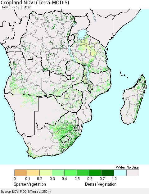 Southern Africa Cropland NDVI (Terra-MODIS) Thematic Map For 11/1/2022 - 11/8/2022