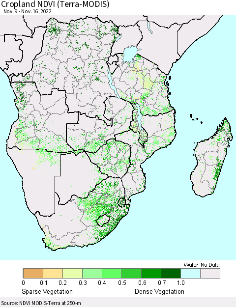 Southern Africa Cropland NDVI (Terra-MODIS) Thematic Map For 11/9/2022 - 11/16/2022