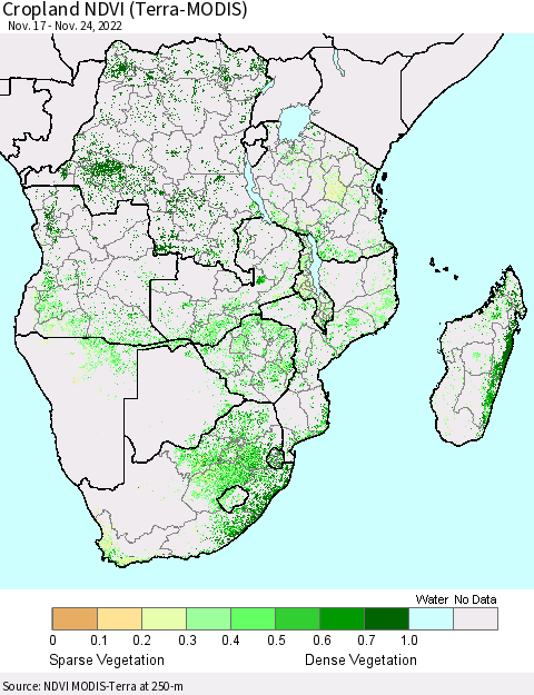 Southern Africa Cropland NDVI (Terra-MODIS) Thematic Map For 11/17/2022 - 11/24/2022