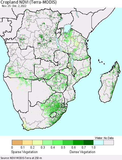 Southern Africa Cropland NDVI (Terra-MODIS) Thematic Map For 11/25/2022 - 12/2/2022