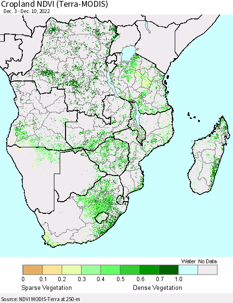 Southern Africa Cropland NDVI (Terra-MODIS) Thematic Map For 12/3/2022 - 12/10/2022