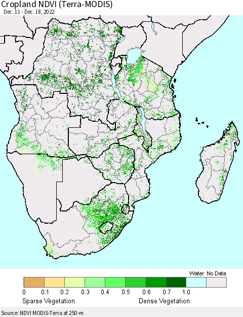 Southern Africa Cropland NDVI (Terra-MODIS) Thematic Map For 12/11/2022 - 12/18/2022
