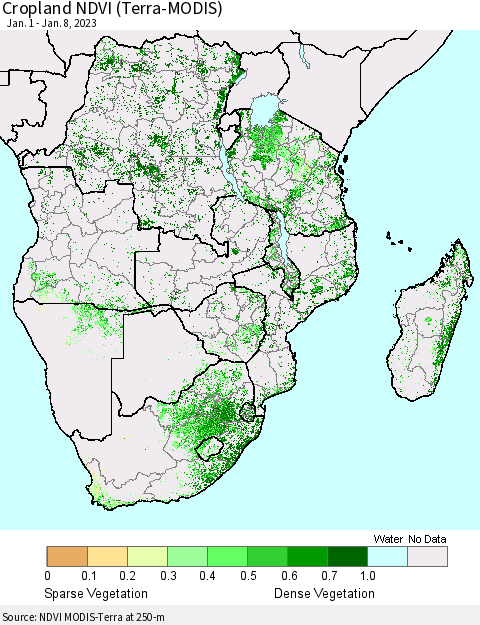 Southern Africa Cropland NDVI (Terra-MODIS) Thematic Map For 1/1/2023 - 1/8/2023