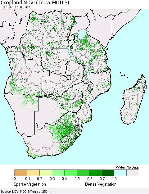 Southern Africa Cropland NDVI (Terra-MODIS) Thematic Map For 1/9/2023 - 1/16/2023