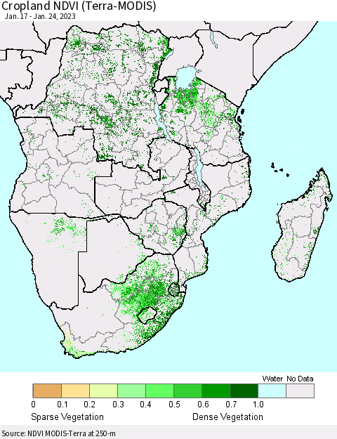 Southern Africa Cropland NDVI (Terra-MODIS) Thematic Map For 1/17/2023 - 1/24/2023