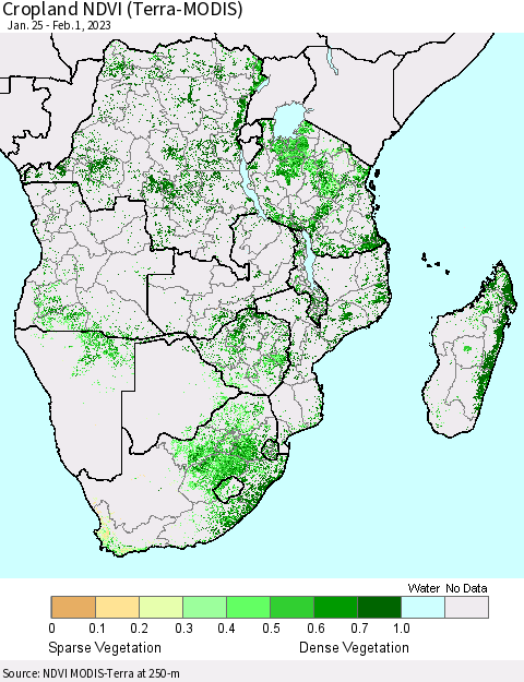 Southern Africa Cropland NDVI (Terra-MODIS) Thematic Map For 1/25/2023 - 2/1/2023