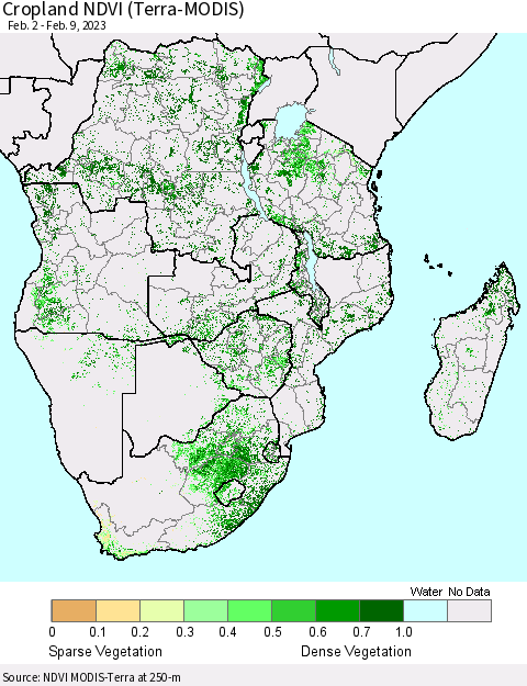 Southern Africa Cropland NDVI (Terra-MODIS) Thematic Map For 2/2/2023 - 2/9/2023