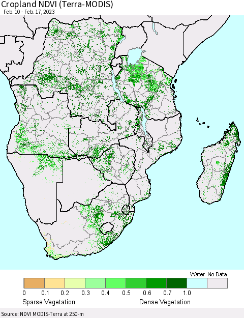 Southern Africa Cropland NDVI (Terra-MODIS) Thematic Map For 2/10/2023 - 2/17/2023