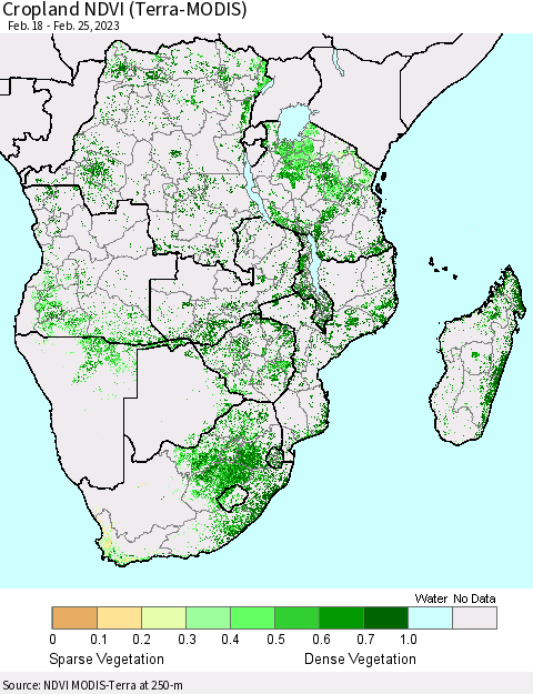 Southern Africa Cropland NDVI (Terra-MODIS) Thematic Map For 2/18/2023 - 2/25/2023