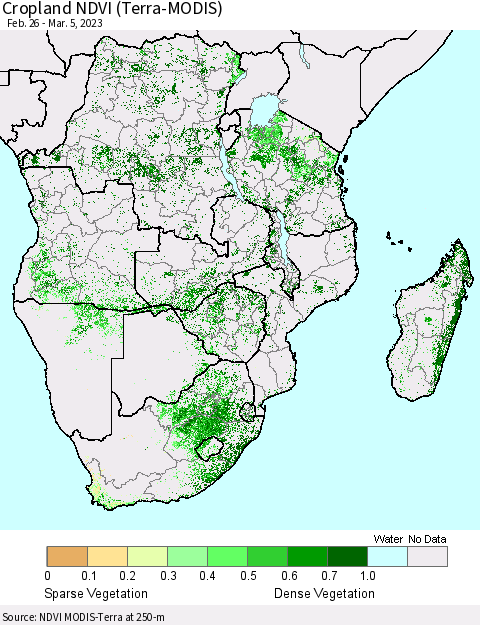 Southern Africa Cropland NDVI (Terra-MODIS) Thematic Map For 2/26/2023 - 3/5/2023