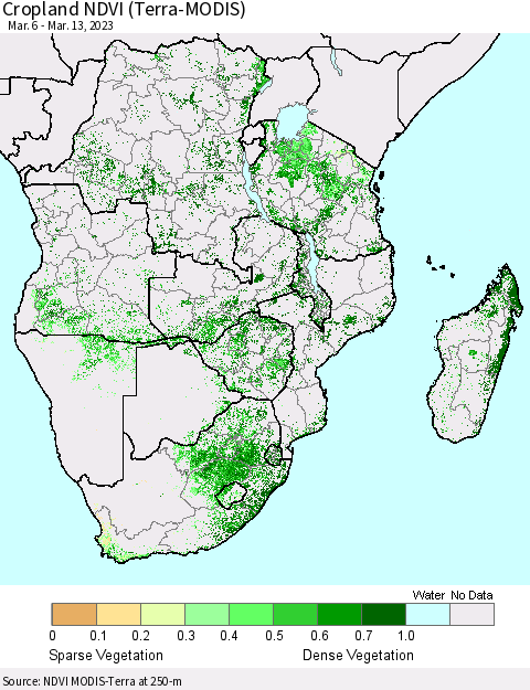 Southern Africa Cropland NDVI (Terra-MODIS) Thematic Map For 3/6/2023 - 3/13/2023