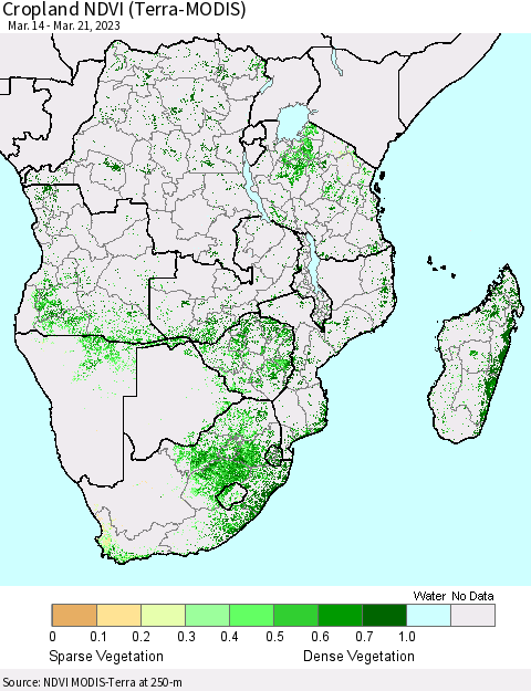 Southern Africa Cropland NDVI (Terra-MODIS) Thematic Map For 3/14/2023 - 3/21/2023