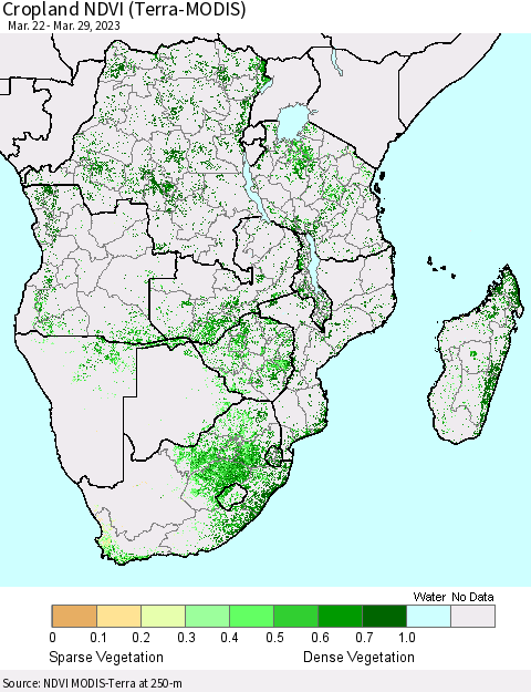 Southern Africa Cropland NDVI (Terra-MODIS) Thematic Map For 3/22/2023 - 3/29/2023