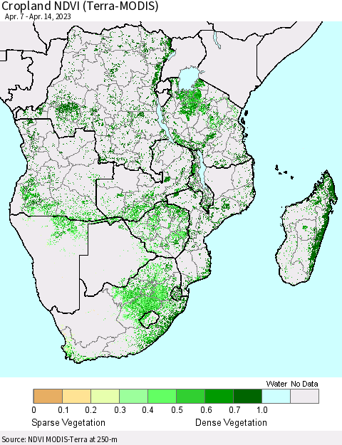 Southern Africa Cropland NDVI (Terra-MODIS) Thematic Map For 4/7/2023 - 4/14/2023