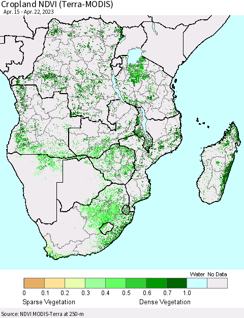 Southern Africa Cropland NDVI (Terra-MODIS) Thematic Map For 4/15/2023 - 4/22/2023