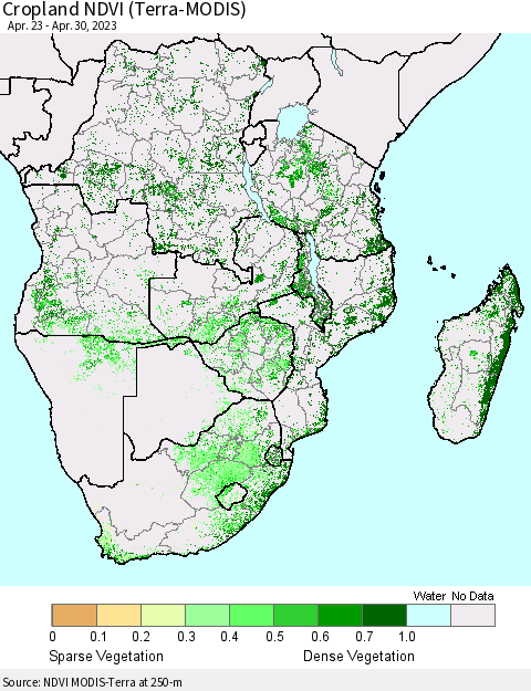Southern Africa Cropland NDVI (Terra-MODIS) Thematic Map For 4/23/2023 - 4/30/2023