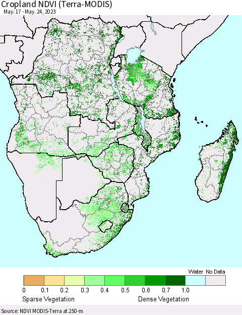 Southern Africa Cropland NDVI (Terra-MODIS) Thematic Map For 5/17/2023 - 5/24/2023