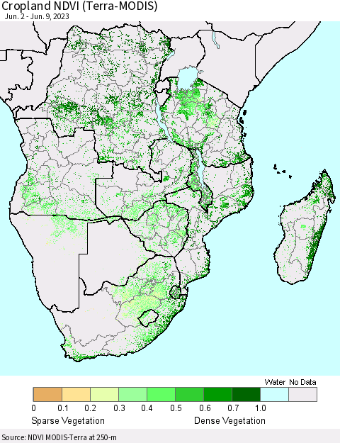 Southern Africa Cropland NDVI (Terra-MODIS) Thematic Map For 6/2/2023 - 6/9/2023