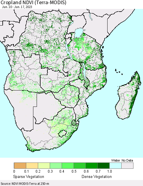 Southern Africa Cropland NDVI (Terra-MODIS) Thematic Map For 6/10/2023 - 6/17/2023