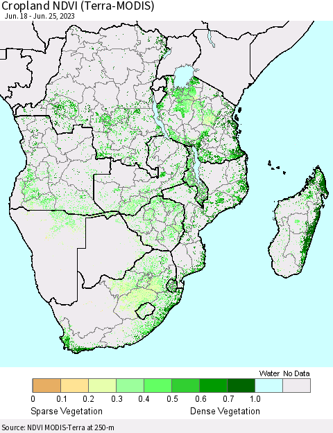 Southern Africa Cropland NDVI (Terra-MODIS) Thematic Map For 6/18/2023 - 6/25/2023