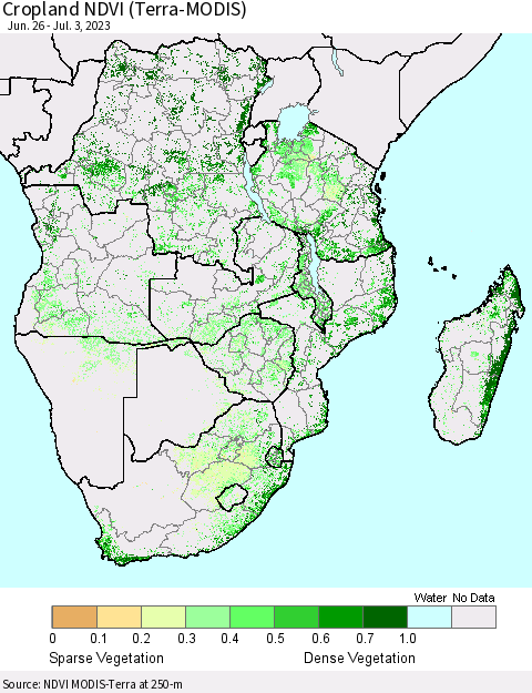 Southern Africa Cropland NDVI (Terra-MODIS) Thematic Map For 6/26/2023 - 7/3/2023