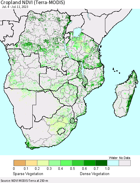 Southern Africa Cropland NDVI (Terra-MODIS) Thematic Map For 7/4/2023 - 7/11/2023