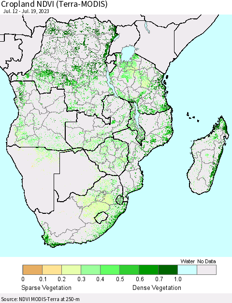 Southern Africa Cropland NDVI (Terra-MODIS) Thematic Map For 7/12/2023 - 7/19/2023