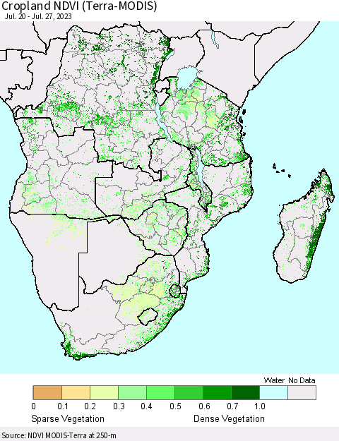 Southern Africa Cropland NDVI (Terra-MODIS) Thematic Map For 7/20/2023 - 7/27/2023