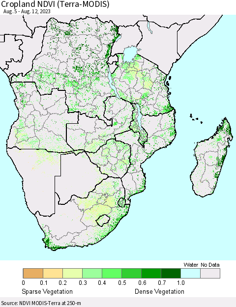 Southern Africa Cropland NDVI (Terra-MODIS) Thematic Map For 8/5/2023 - 8/12/2023