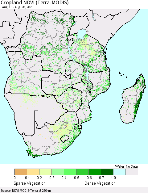 Southern Africa Cropland NDVI (Terra-MODIS) Thematic Map For 8/13/2023 - 8/20/2023
