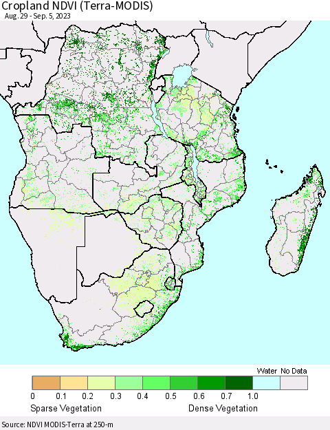 Southern Africa Cropland NDVI (Terra-MODIS) Thematic Map For 8/29/2023 - 9/5/2023
