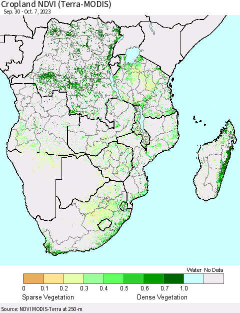 Southern Africa Cropland NDVI (Terra-MODIS) Thematic Map For 9/30/2023 - 10/7/2023