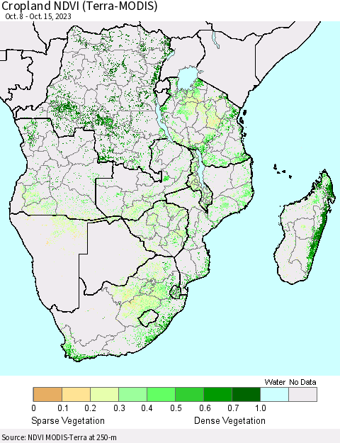 Southern Africa Cropland NDVI (Terra-MODIS) Thematic Map For 10/8/2023 - 10/15/2023