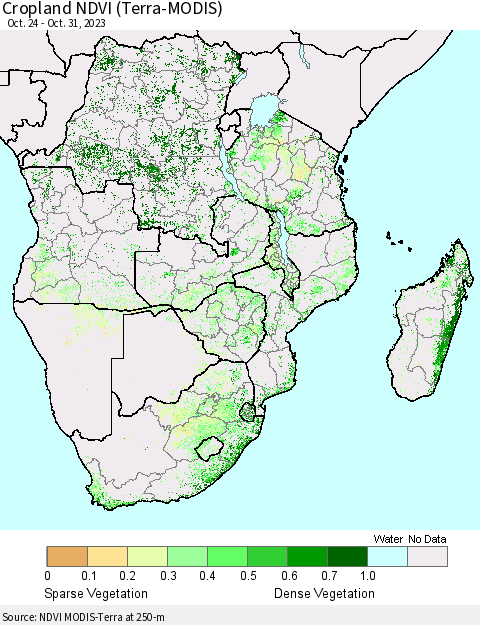 Southern Africa Cropland NDVI (Terra-MODIS) Thematic Map For 10/24/2023 - 10/31/2023