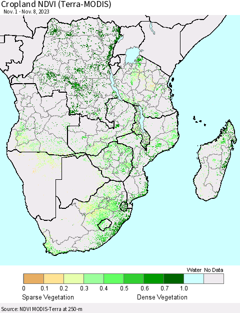 Southern Africa Cropland NDVI (Terra-MODIS) Thematic Map For 11/1/2023 - 11/8/2023